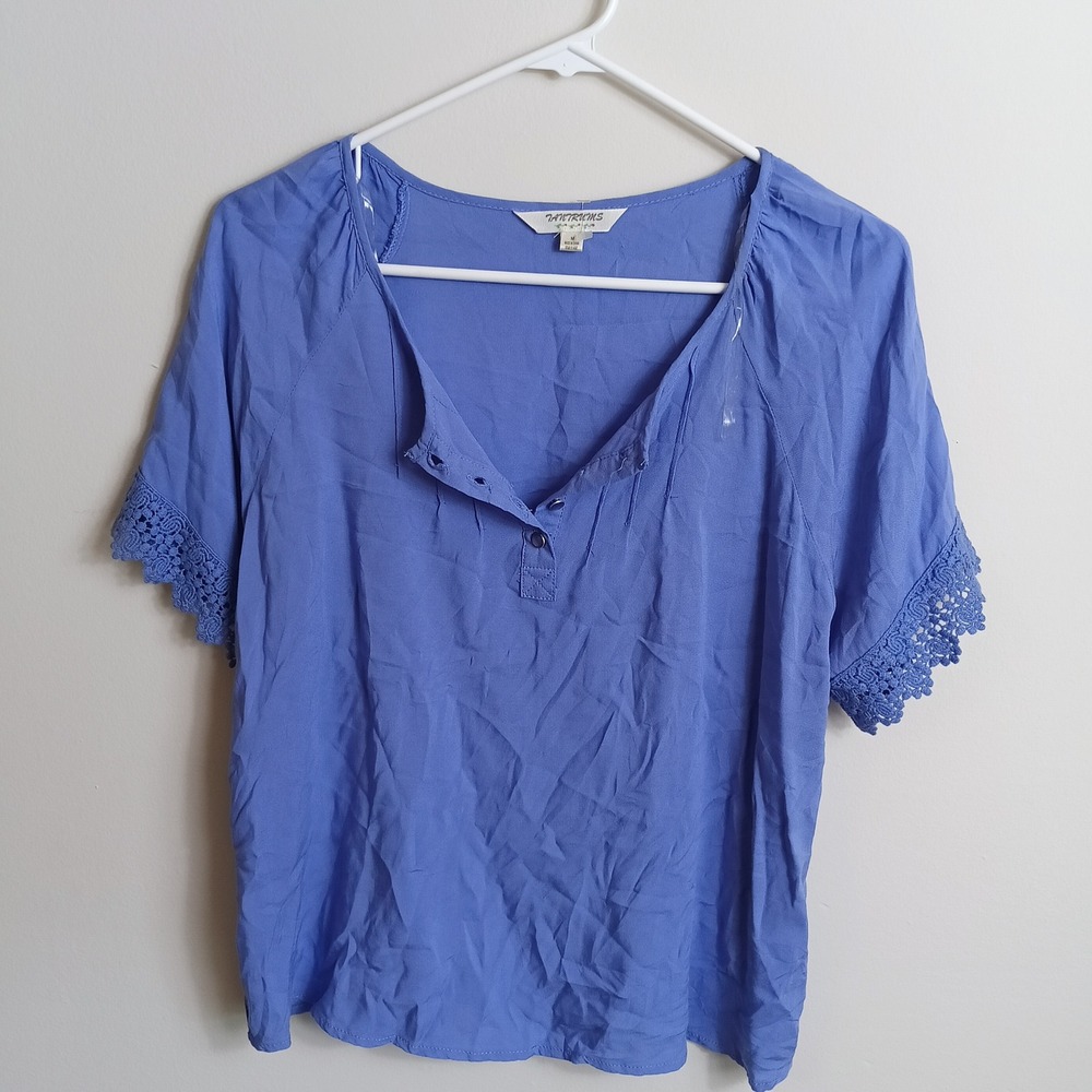 Tantrums Blouse Womens M Blue Excellent Crochet Lace Trim Henley Rayon Top
